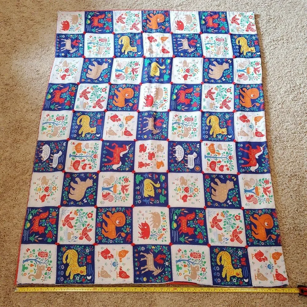 Vtg Printed Block Quilt Pattern Baby Blanket Forest Animal Fox Owl Deer Folk Art